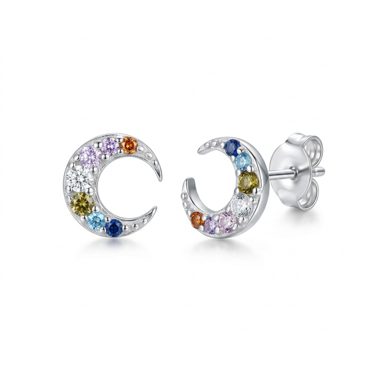 Aretes Mini Luna con Zirconias de Color