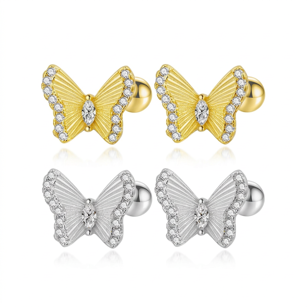 Aretes Mariposa con Zirconias y Cierre de Rosca