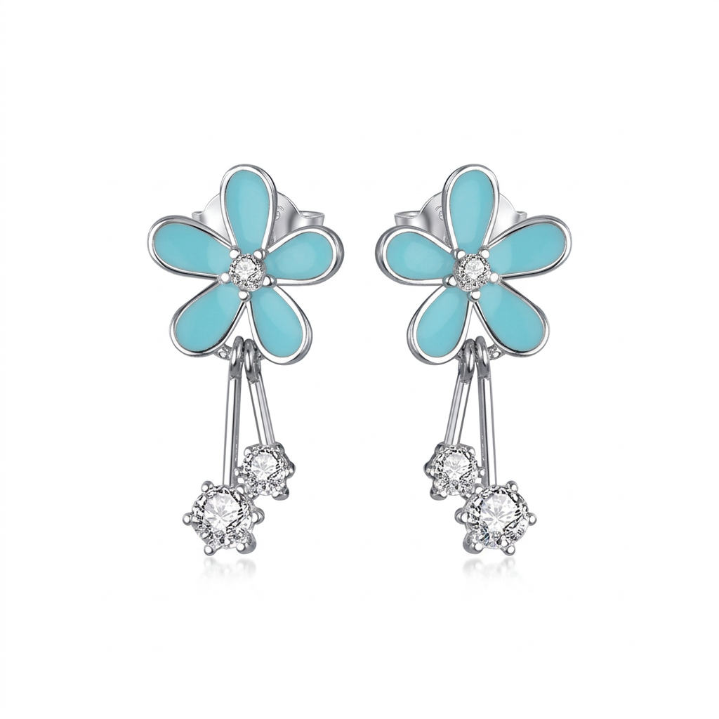 Aretes Flor Esmaltada Azul con Zirconias