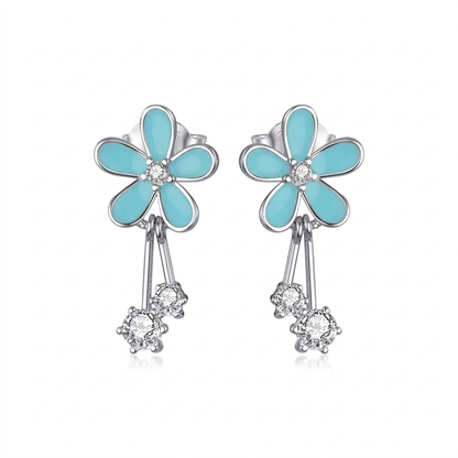 Aretes Flor Esmaltada Azul con Zirconias