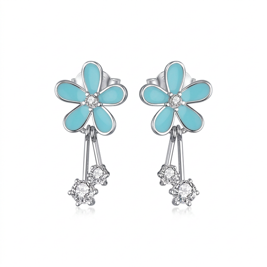 Aretes Flor Esmaltada Azul con Zirconias