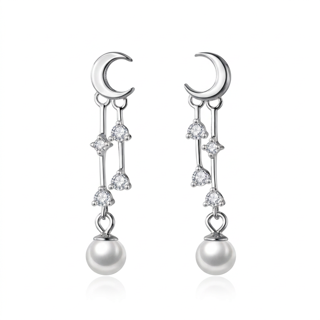 Aretes Luna con Perla y Borla de Zirconias