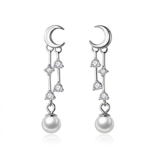 Aretes Luna con Perla y Borla de Zirconias