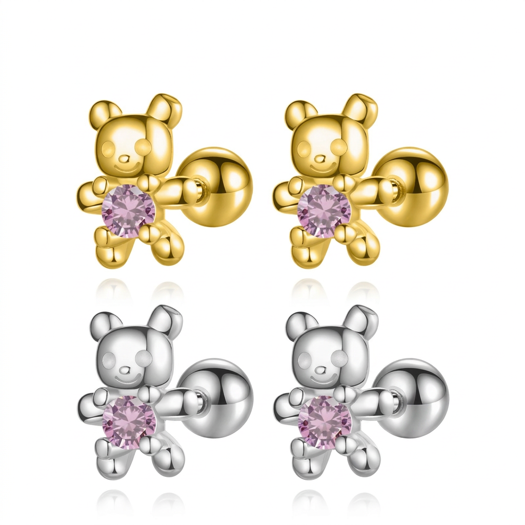 Aretes Osito con Piedra Rosa