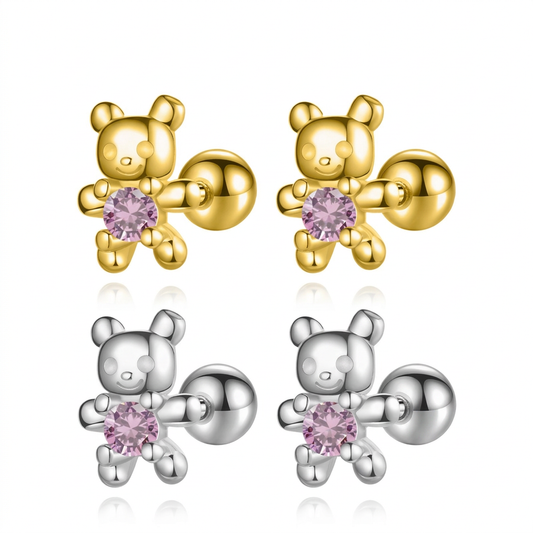 Aretes Osito con Piedra Rosa