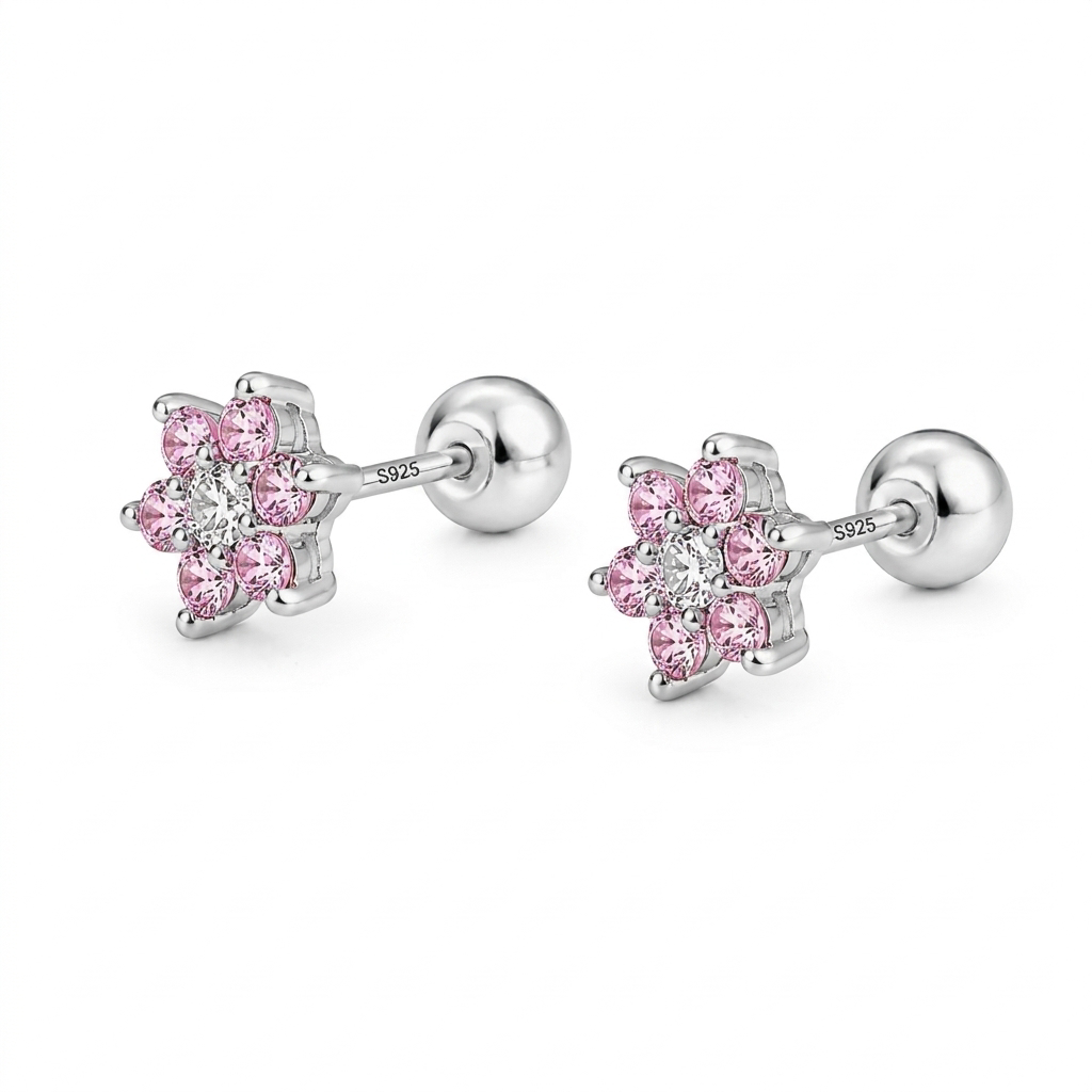 Aretes Flor de Zirconias Rosas