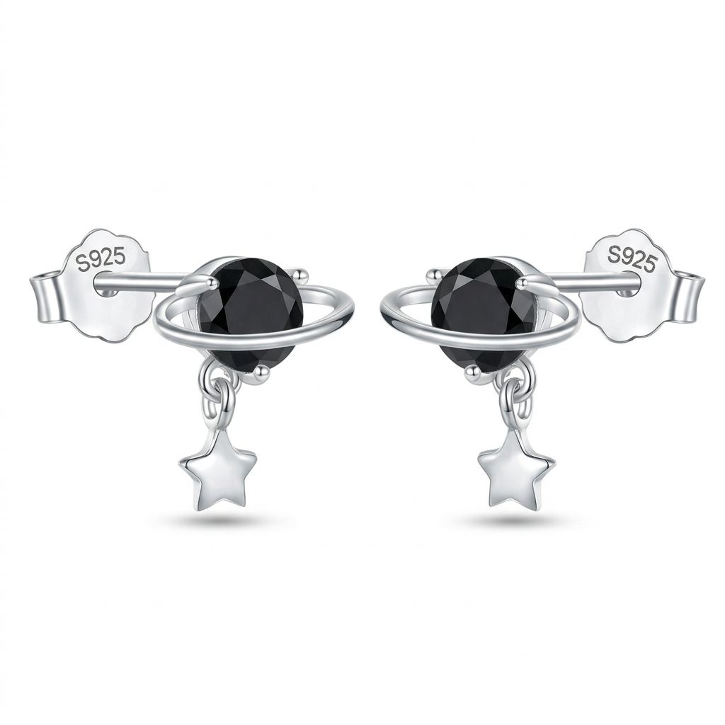 Aretes Planeta y Estrella con Zirconia Negra