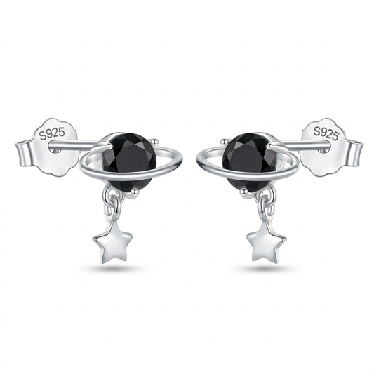 Aretes Planeta y Estrella con Zirconia Negra