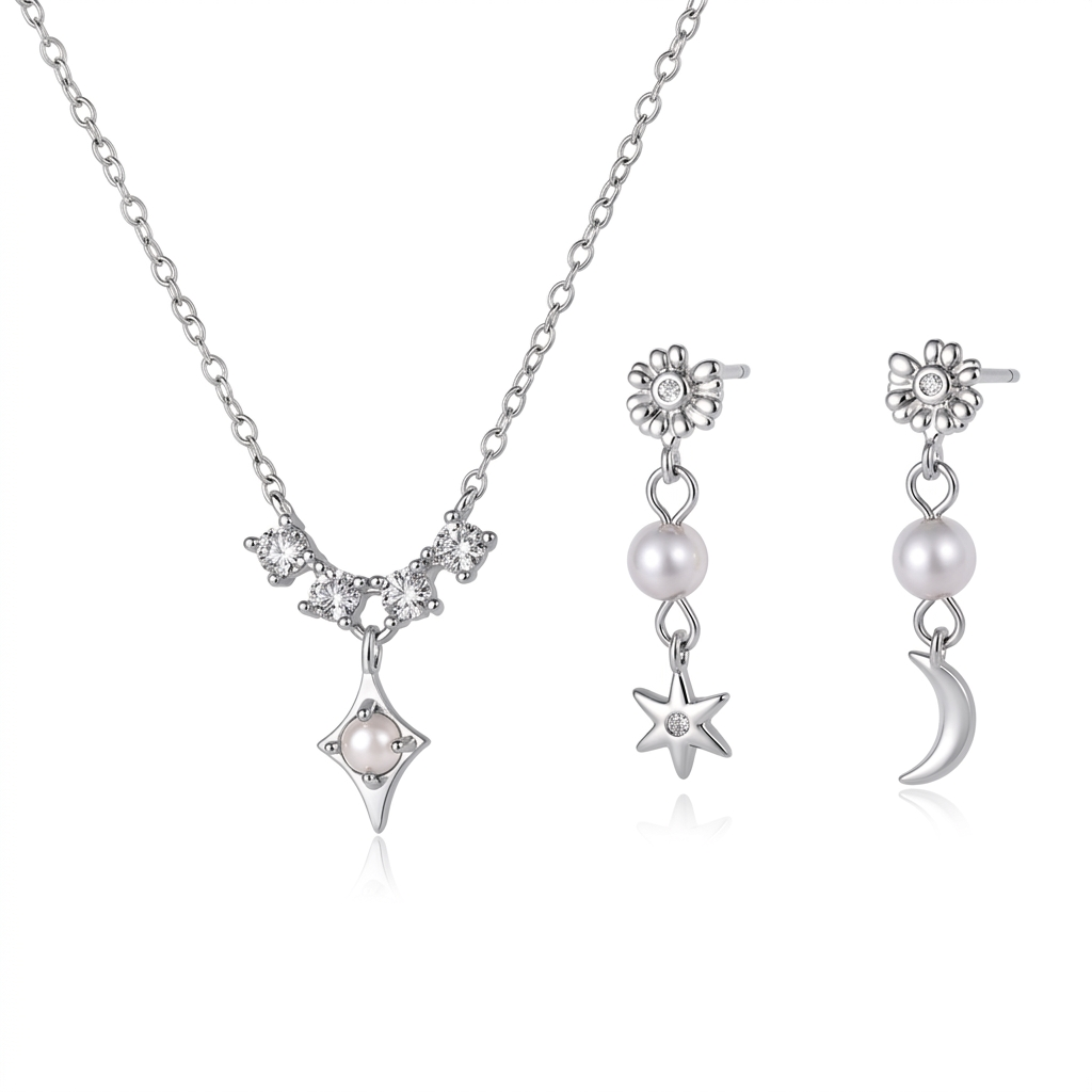 Aretes o Collar Luna y Estrella con Perla