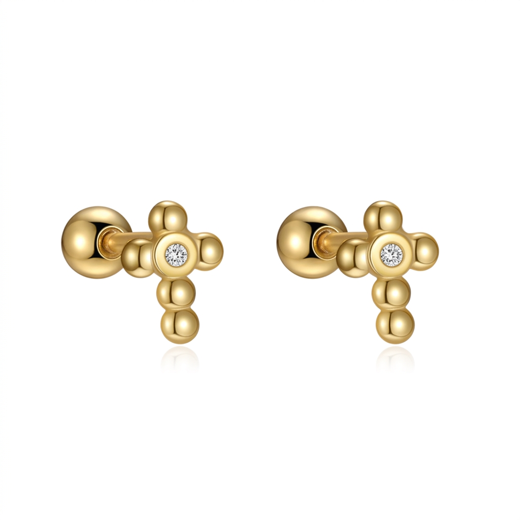 Aretes Cruz con Zirconias y Rosca en Dos Modelos