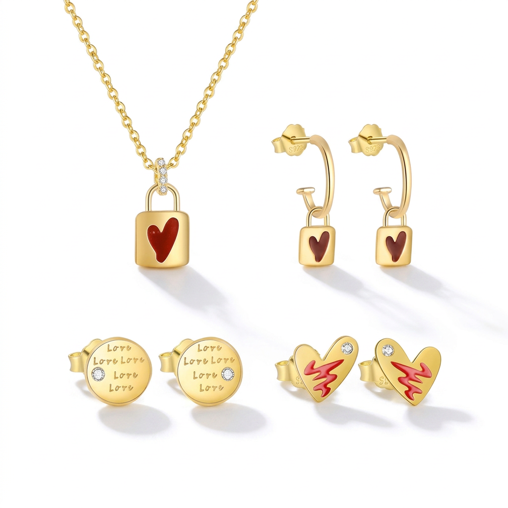 Aretes o Collar Corazón Candado o con Rayo