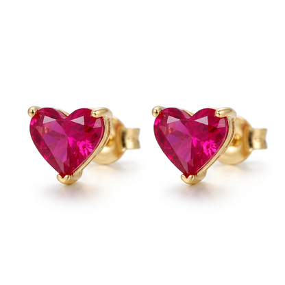 Aretes Corazón Dorado con Zirconia Roja