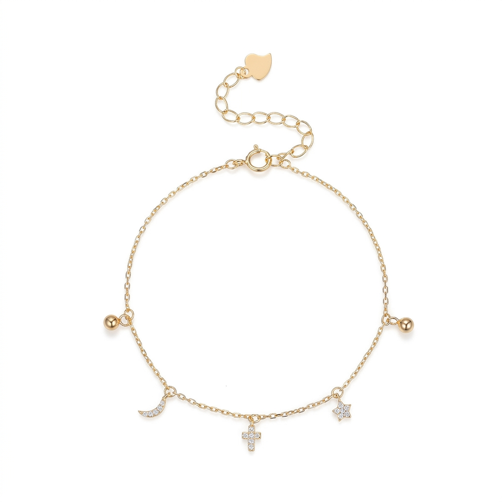 Pulsera Estrella, Luna y Cruz con Zirconias