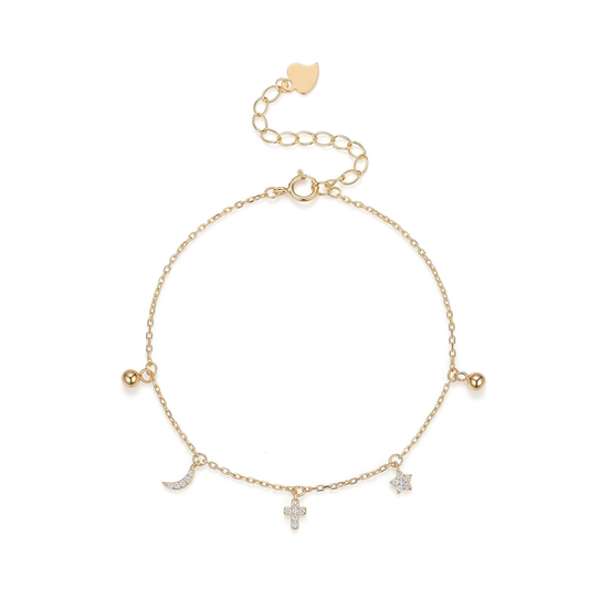 Pulsera Estrella, Luna y Cruz con Zirconias