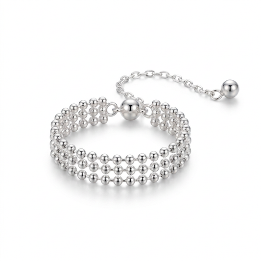 Anillo Triple Cadena de Bolitas Ajustable