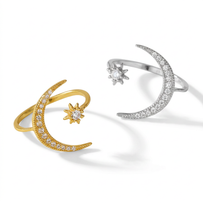 Anillo Ajustable Luna y Estrella con Zirconias